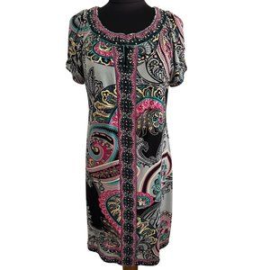 Beige By Eci Multicolored, Beaded, Short Sleeve Shift Dress, Size 12